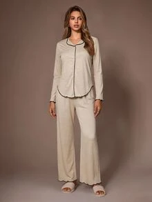 SHEIN Women's Casual Knit Ruffle Hem Asymmetrical Bottom Button Loungewear Pajama Set - Apricot - View 6