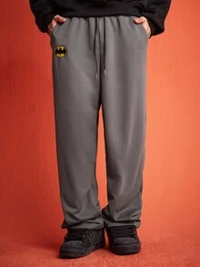 ROMWE MEN Batman X ROMWE 男士休閒刺繡抽繩腰口袋運動長褲 - 深灰色 - 查看 4