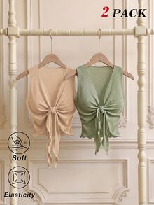 SHEIN MOD 2件組 V領前綁帶背心，極簡時尚、嬉皮、街頭風、波希米亞、熱帶度假風、辣妹風、性感、西部風上衣、Rave上衣 - 卡其色 - 查看 1