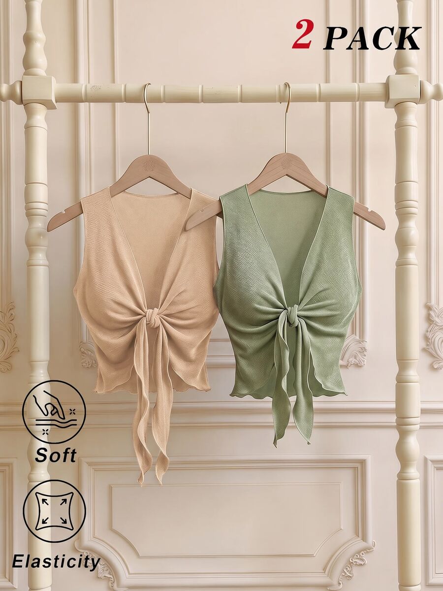 SHEIN MOD 2件組 V領前綁帶背心,極簡時尚、嬉皮、街頭風、波希米亞、熱帶度假風、辣妹風、性感、西部風上衣、Rave上衣 - 卡其色 - 查看 1