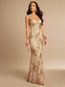 SHEIN X GALILEA Silquee 3D花卉性感修身細肩帶洋裝 - 金色 - 查看 4