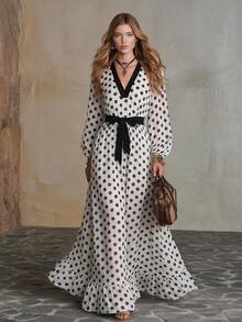 Trelyra Women's Fashion Elegant Polka Dot Pattern Lantern Sleeve Dress - White - View 3