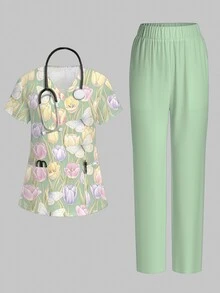 PopScrub Cute Bee & Colorful Line Floral Plant Pattern Teal Green Nurse Uniform Top, Women's Fashion V-Neck Short Sleeve Pocket With Ear-Loop & Slit Design Workwear Top, Straight Leg Pants Women's 2-Piece Set, Spring/Summer Nurse Uniform, Casual Pants Set, Uniform Set - Multicolor - View 1