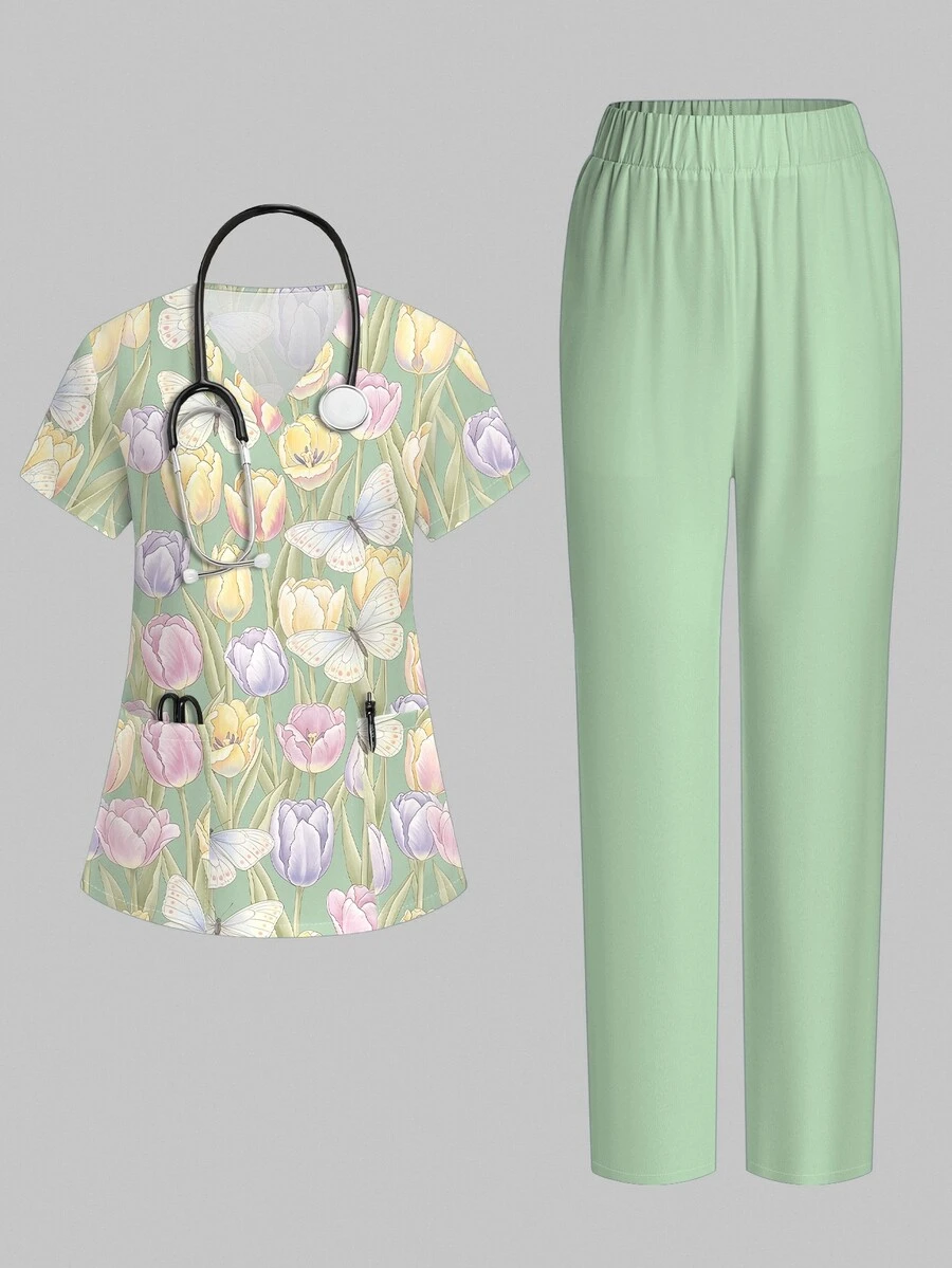 PopScrub Cute Bee & Colorful Line Floral Plant Pattern Teal Green Nurse Uniform Top, Women's Fashion V-Neck Short Sleeve Pocket With Ear-Loop & Slit Design Workwear Top, Straight Leg Pants Women's 2-Piece Set, Spring/Summer Nurse Uniform, Casual Pants Set, Uniform Set - Multicolor - View 1