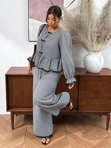 SHEIN Frenchy Plus Size Women's Plaid Pleated Long Sleeve Top And Pants Casual Daily 2 Pieces Set Elegant Daily Office Business Work Sets For Women Fall/Winter - Black and White - View 7