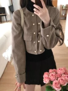 DAZY Brown Herringbone Round Neck Pearl Double-Breasted Short Fitted Long Sleeve Vintage Elegant Tweed Jacket Fall - Khaki - View 4