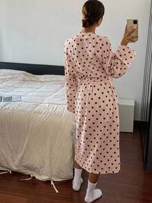 Livesso 女款長版開襟心形印花家居袍 秋季 - 粉色 - 查看 2