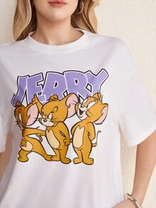 TOM & JERRY X SHEIN Kaos Lengan Pendek Kasual Wanita Motif Kartun Huruf untuk Sehari-hari - Putih - View 3