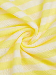 Sweetra Plus Size Striped Asymmetric Neck Spaghetti Strap T-Shirt, Shoulder Exposed, Ruched Waist, Short Length, Sexy Style, Tie Strap, Short Sleeve Top - Yellow - View 4