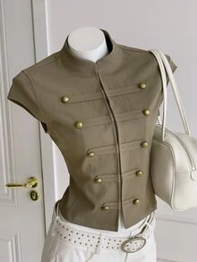 Comfortcana Plus Size Women's Vintage Preppy Casual Napoleon Jacket - Fresh Green - View 4