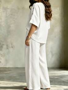 Linhara CURVE Plus Size Women Solid Color Heart Neckline Short Sleeve Button Decor Top And Casual Boho Long Pants 2 Pieces Set Daily Wear Outfit Cotton White Summer - White - View 2