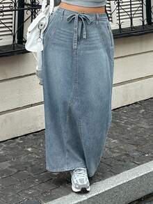Dazy Plus Autumn High Waist Drawstring Light Blue Washed Slim Straight Long Denim Skirt - Medium Wash - View 1