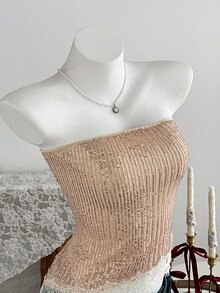 Elamini Women's Autumn/Winter Minimalist Sequin Elegant Color-Block Lace Asymmetrical Hem Tube Top, Suitable For Party And Date - Champagne - View 3