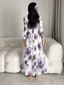 Yasmyna Women's Floral Print Square Neck Bell Sleeve Elegant Arabian Dress - Multicolor - View 2