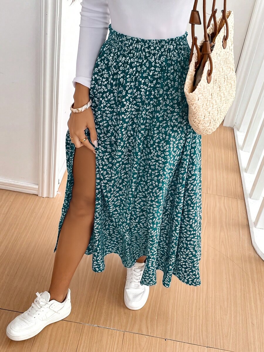 SHEIN Frenchy 女款碎花荷葉邊開衩中長裙 - 綠色 - 查看 1