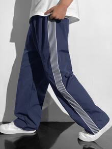 Tween Boy Casual College Style Comfortable Fashionable Minimalist Practical Versatile Cute Soft Fleece Fabric Thick Warm Suitable For Daily Wear School Outings Sports Autumn/Winter Season Webbing Decor Contrast Color Long Pants - Navy Blue - View 4