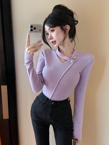 Joudiya Women's Elegant Solid Color Long Sleeve T-Shirt, Autumn - Purple - View 6