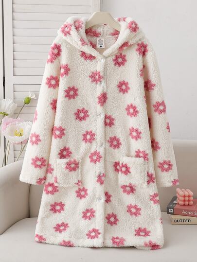 Girls' 3 Fashionable Cute Printed Pattern Plush Fabric Long Sleeve Hooded Loungewear Robe