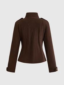 ROMWE Women's Back To School Season Collegiate Style Autumn/Winter Vintage Corduroy Stand Collar Jacket - Brown - View 2