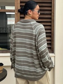 Livesso Contrast Color Striped Polo Long Sleeve Loose Casual Vacation Retro Streetwear Spring Autumn Knit Sweater - Olive Green - View 2