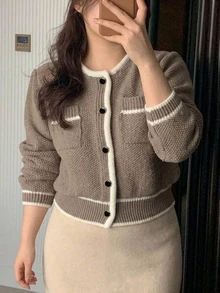 Dazy Plus Colorblock Patchwork Korean Style Loose Knit Cardigan Sweater, Autumn/Winter - Brown - View 4