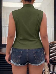 Muchica Vintage Green Casual Plus Size Women's Zipper Front Napoleon Vest Jacket - Fresh Green - View 2