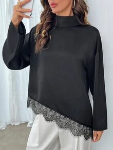 Balvessa Blus Lengan Panjang Wanita Elegan Warna Polos dengan Hiasan Renda dan Patchwork - Hitam - View 6