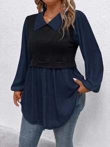 Calvaya Plus Size Women's Colorblock Patchwork Long Sleeve Top - Blue - View 3