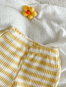 SHEIN Playful Pals 2件組女嬰休閒百搭時尚長袖上衣與長褲套裝，適合春秋冬季日常穿著 - 黃色 - 查看 6