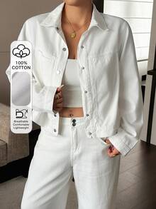 Dazy Plus Autumn Lapel Long Sleeve Button-Up Solid White Short Loose Denim Jacket - White - View 1