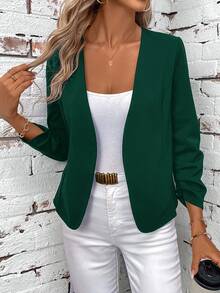 SHEIN Clasi 女款優雅休閒開襟百褶長袖百搭深綠色外套 辦公室秋季穿搭 - 墨綠色 - 查看 1