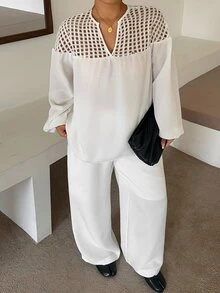 Livesso Curve Hollow Mesh Patchwork Pullover Top And Loose Long Pants Vacation Style Urban Casual Two Pieces Set - White - View 7
