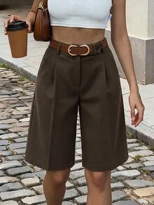 Lavishia 女款秋冬新款不對稱腰線通勤辦公七分褲，優雅休閒通勤風，獨特時尚，附鈕扣口袋，亞麻材質，適合商務與度假穿著 - 摩卡棕 - 查看 3