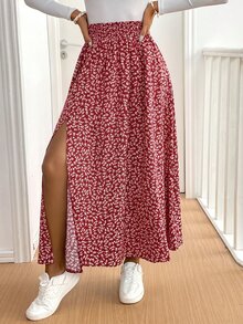 SHEIN Frenchy 女款碎花荷葉邊開衩中長裙 - 鏽棕色 - 查看 6