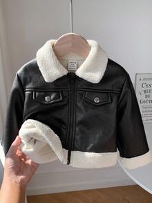 SHEIN 女嬰秋冬百搭可愛街頭風黑色保暖內裡拼色PU夾克外套 - 黑色 - 查看 8