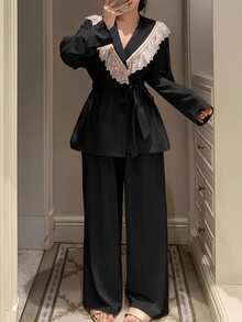 DAZY Charming Lace Ruffle Large Collar 2-Piece Women's Pajama Set - Black - View 3