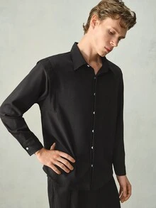 RONVEXI Men's Casual Versatile Solid Color Long Sleeve Structural Edition Shirt,Cargo/ Work - Black - View 1