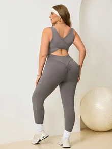 Easithlete Women's Plus Size Solid Color Back Cutout Sleeveless Athletic Jumpsuit Gym Pilates Gray Summer - Khaki - View 2