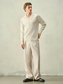 RONVEXI 男士素色休閒百搭日常穿著長袖針織衫 - 奶油色 - 查看 6