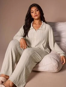 Lazeform Fashionable Minimalist Casual Solid Color Zip-Up Cardigan Long Sleeve Set Women's Autumn New Loose Plus Size 2-Piece - Khaki - View 1
