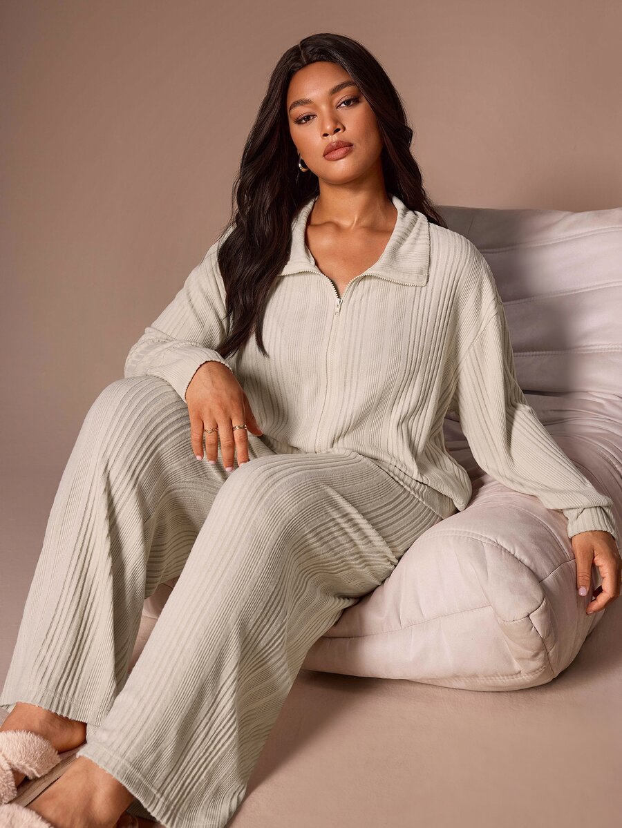 Lazeform Fashionable Minimalist Casual Solid Color Zip-Up Cardigan Long Sleeve Set Women's Autumn New Loose Plus Size 2-Piece - Khaki - View 1