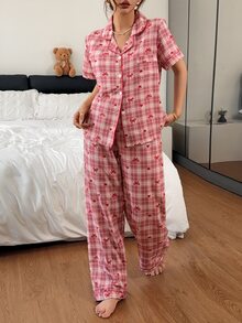 Napfluff Plaid Collar Pajama Set, Red Heart & Bow Print Short Sleeve Top + Long Pants Comfortable Home Wear 2 Pieces Set - Red - View 5