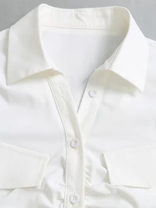 Sweetra Women's Long Sleeve Waist-Cinching Pocket Flap Decor Commuter Casual Minimalist Shirt - White - View 6