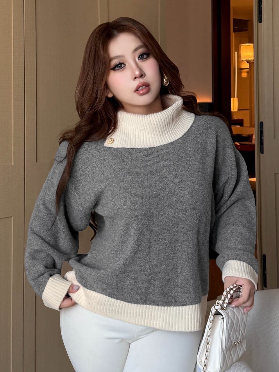 Dazy Plus Women's Elegant Colorblock Patchwork Loose Fit Versatile Sweater, Autumn/Winter New Style