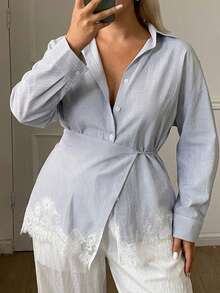 Dazy Plus Autumn Wrap Long Sleeve Light Blue Lace Patchwork Tie Waist Blouse For Commute, Wedding, Casual, Plus Size - Baby Blue - View 1