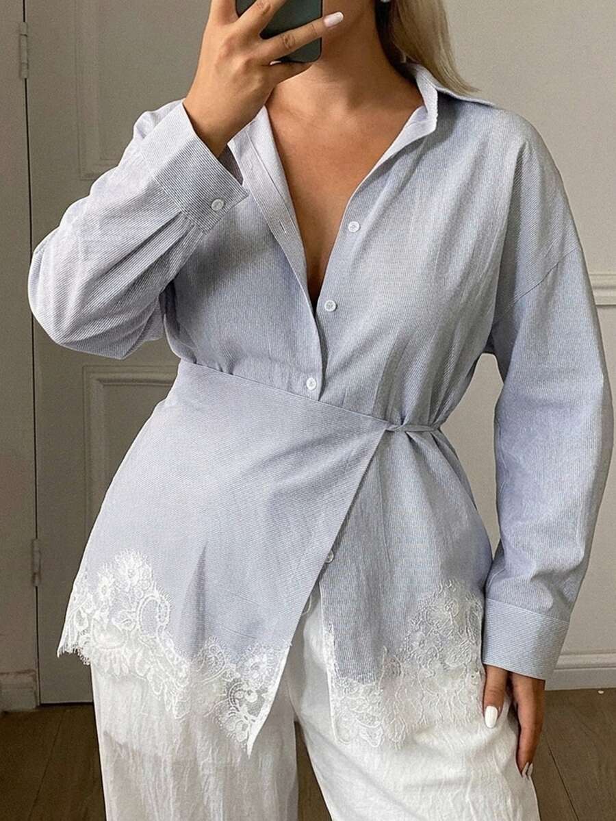 Dazy Plus Autumn Wrap Long Sleeve Light Blue Lace Patchwork Tie Waist Blouse For Commute, Wedding, Casual, Plus Size - Baby Blue - View 1
