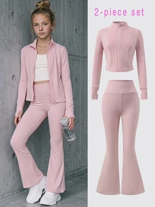 SHEIN 青少年女孩粉色針織拉鍊立領修身配色休閒運動服套裝，附緊身喇叭褲，運動套裝、校園風套裝、慢跑套裝 - 淺粉色 - 查看 3