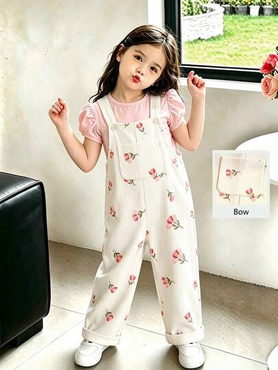 Playful Pals Young Girls Cute Style 4-7 Years Old Toddler Apricot Color Jumpsuit Overalls, Cute Floral Print Pattern, Fashion Basic Long Pants Set, Chest Pocket Detail, Soft Corduroy Fabric Comfortable To Wear, Casual Fit Suitable For Outings, Vacations, Daily Wear, Party And Multiple Occasions Fashion Item