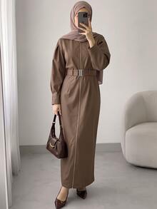 Solavon Women's Solid Color Long Sleeve Zipper Front Casual Long Dress - Coffee Brown - View 2