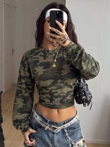 Coolane 女款休閒極簡日常百搭派對聚會機場穿搭 Y2K 上衣，軍綠迷彩運動衫，女款秋季服飾，秋季穿搭，女款通勤穿搭，百搭上衣，外出穿搭，機場穿搭 - 白色 - 查看 3